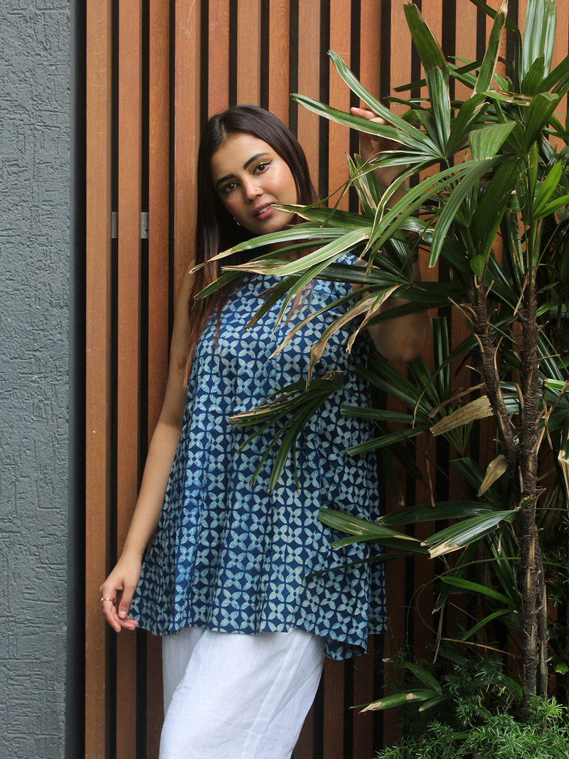 Shari Indigo Akola Hand Block Printed Cotton Peplum Top