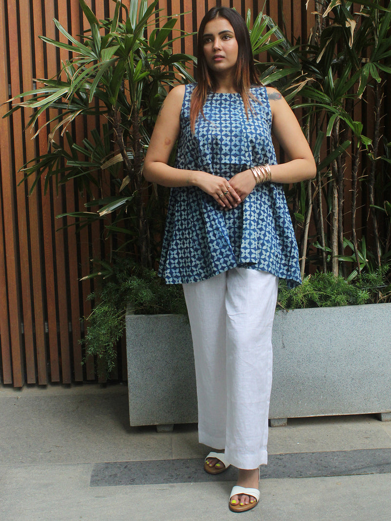Shari Indigo Akola Hand Block Printed Cotton Peplum Top