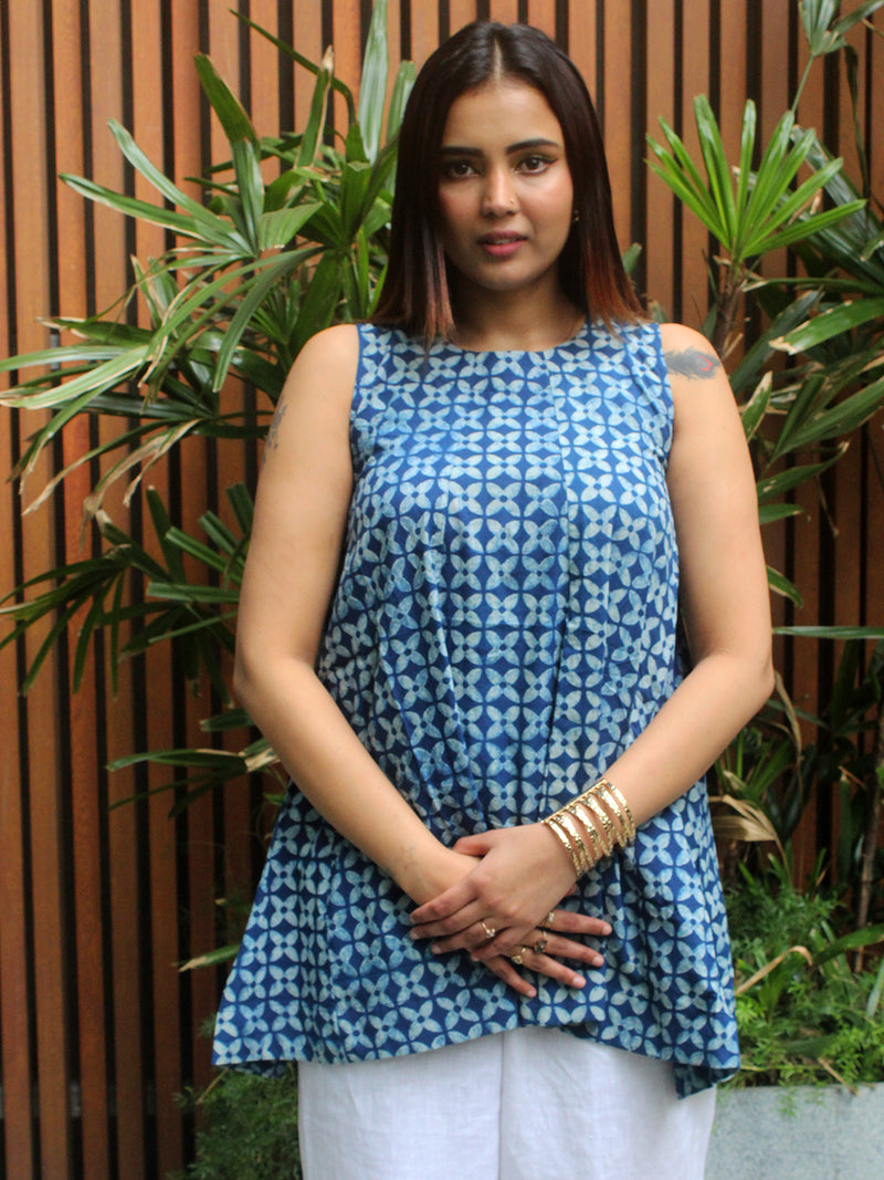 Shari Indigo Akola Hand Block Printed Cotton Peplum Top