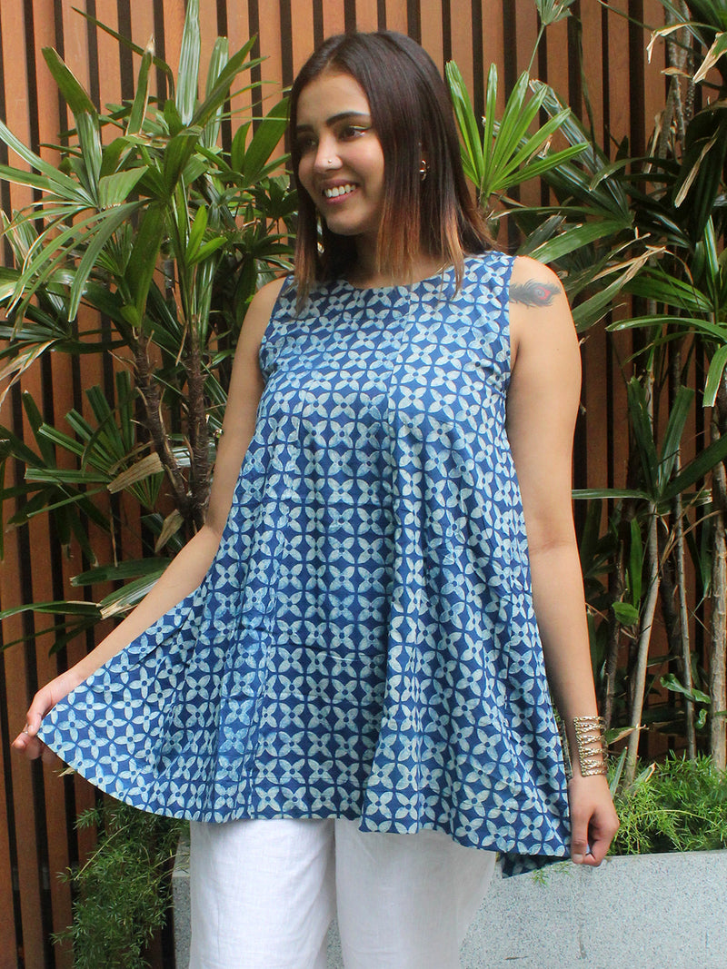 Shari Indigo Akola Hand Block Printed Cotton Peplum Top