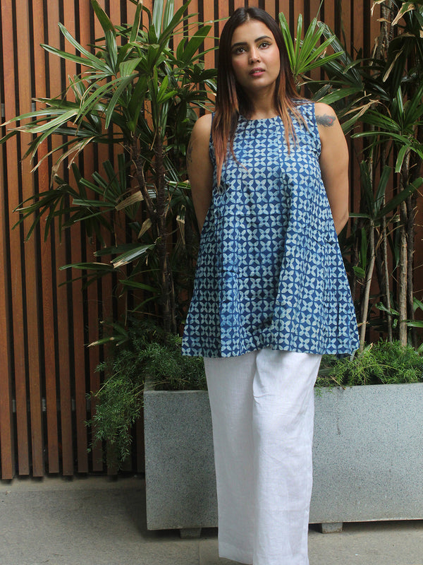 Shari Indigo Akola Hand Block Printed Cotton Peplum Top