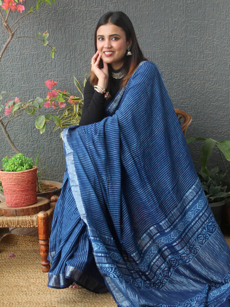 Akola Indigo Hand Block Printed Cotton Linen Saree
