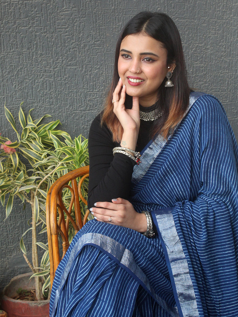 Akola Indigo Hand Block Printed Cotton Linen Saree