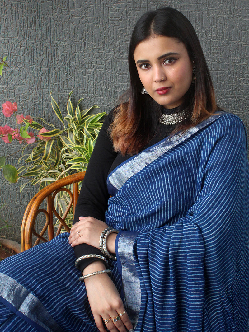 Akola Indigo Hand Block Printed Cotton Linen Saree