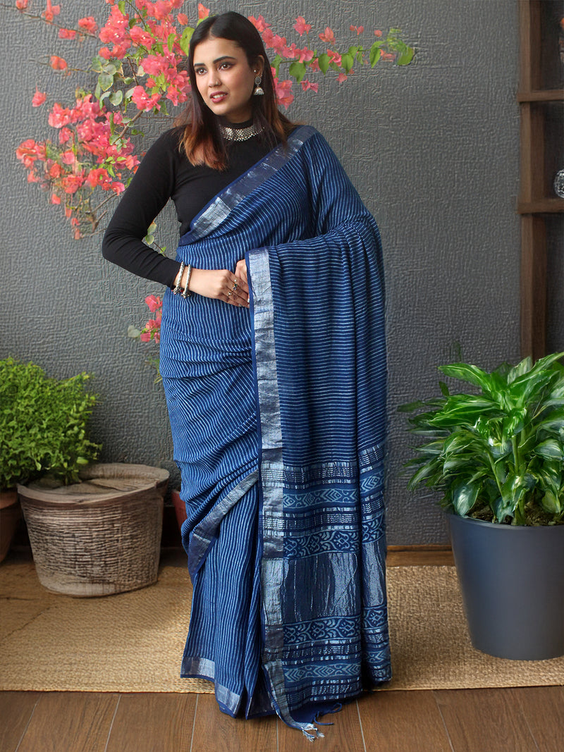 Akola Indigo Hand Block Printed Cotton Linen Saree