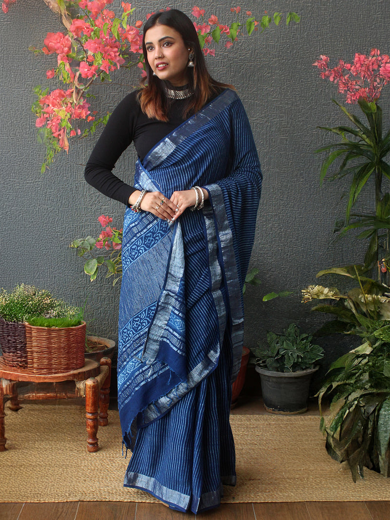 Akola Indigo Hand Block Printed Cotton Linen Saree