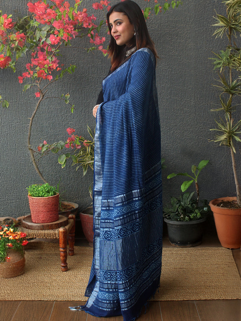Akola Indigo Hand Block Printed Cotton Linen Saree