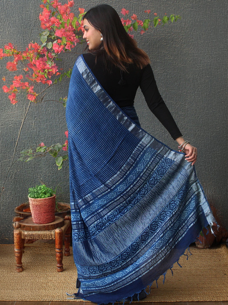Akola Indigo Hand Block Printed Cotton Linen Saree