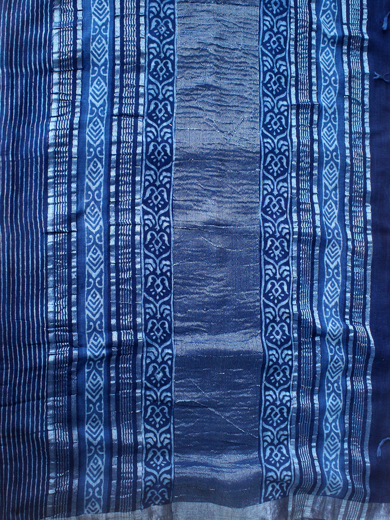 Akola Indigo Hand Block Printed Cotton Linen Saree