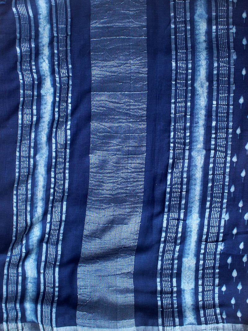 Akola Indigo Hand Block Printed Cotton Linen Saree