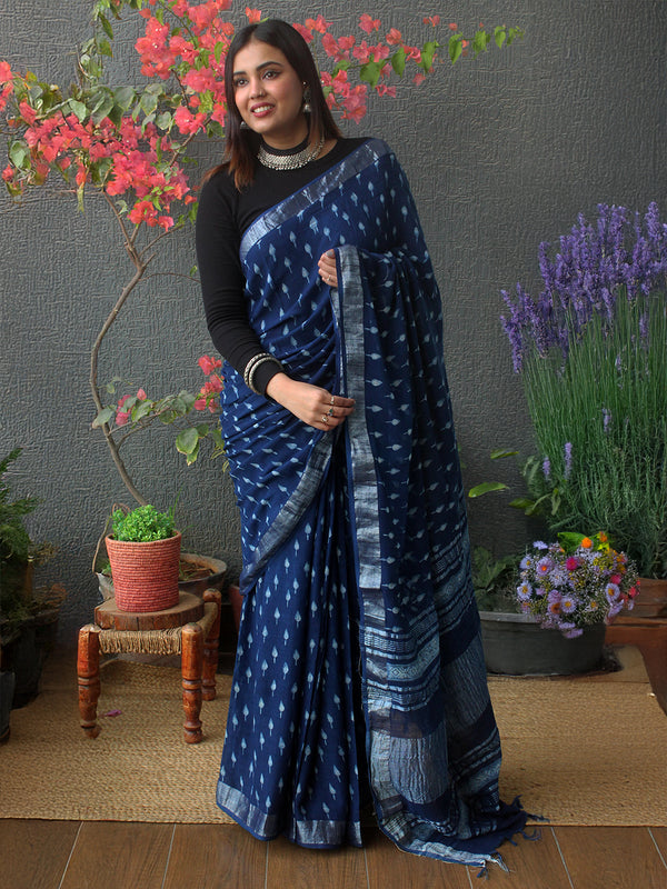 Akola Indigo Hand Block Printed Cotton Linen Saree
