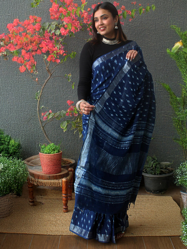 Akola Indigo Hand Block Printed Cotton Linen Saree
