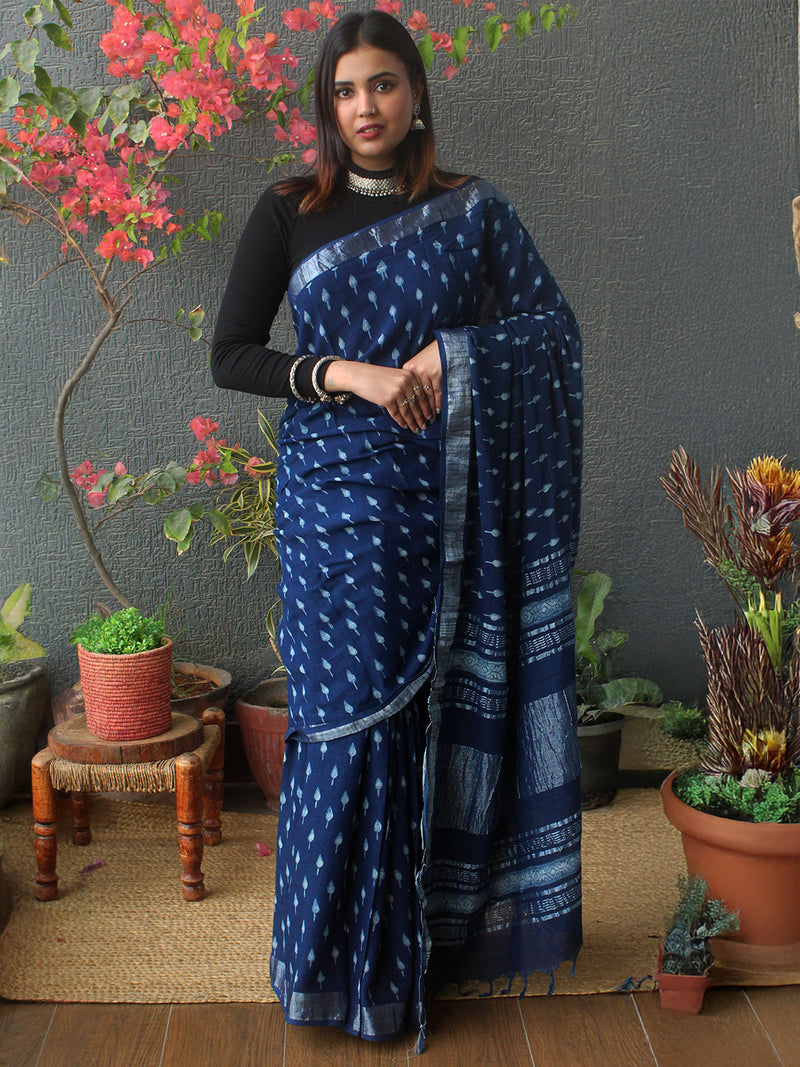 Akola Indigo Hand Block Printed Cotton Linen Saree