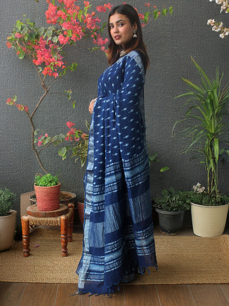 Akola Indigo Hand Block Printed Cotton Linen Saree