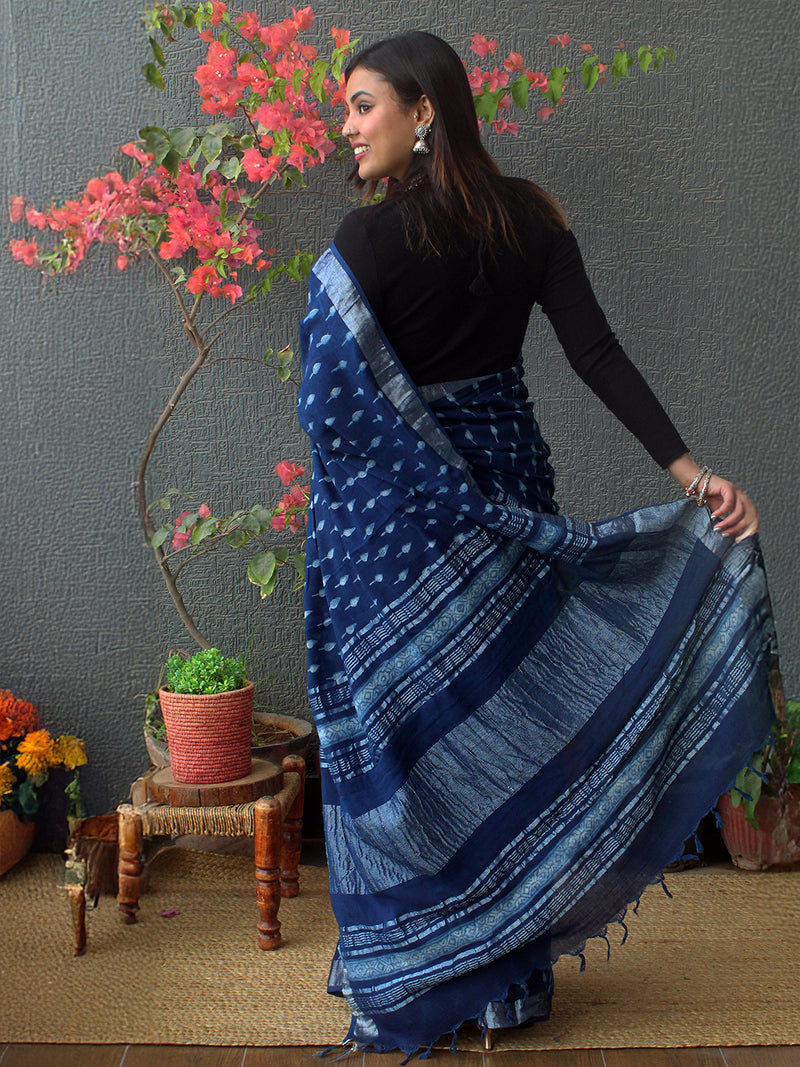 Akola Indigo Hand Block Printed Cotton Linen Saree