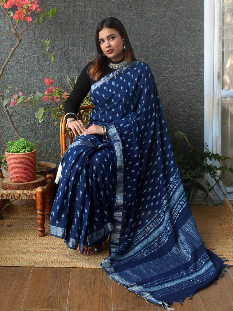Akola Indigo Hand Block Printed Cotton Linen Saree
