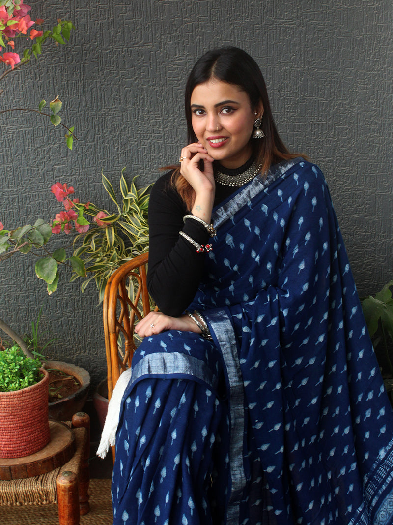 Akola Indigo Hand Block Printed Cotton Linen Saree