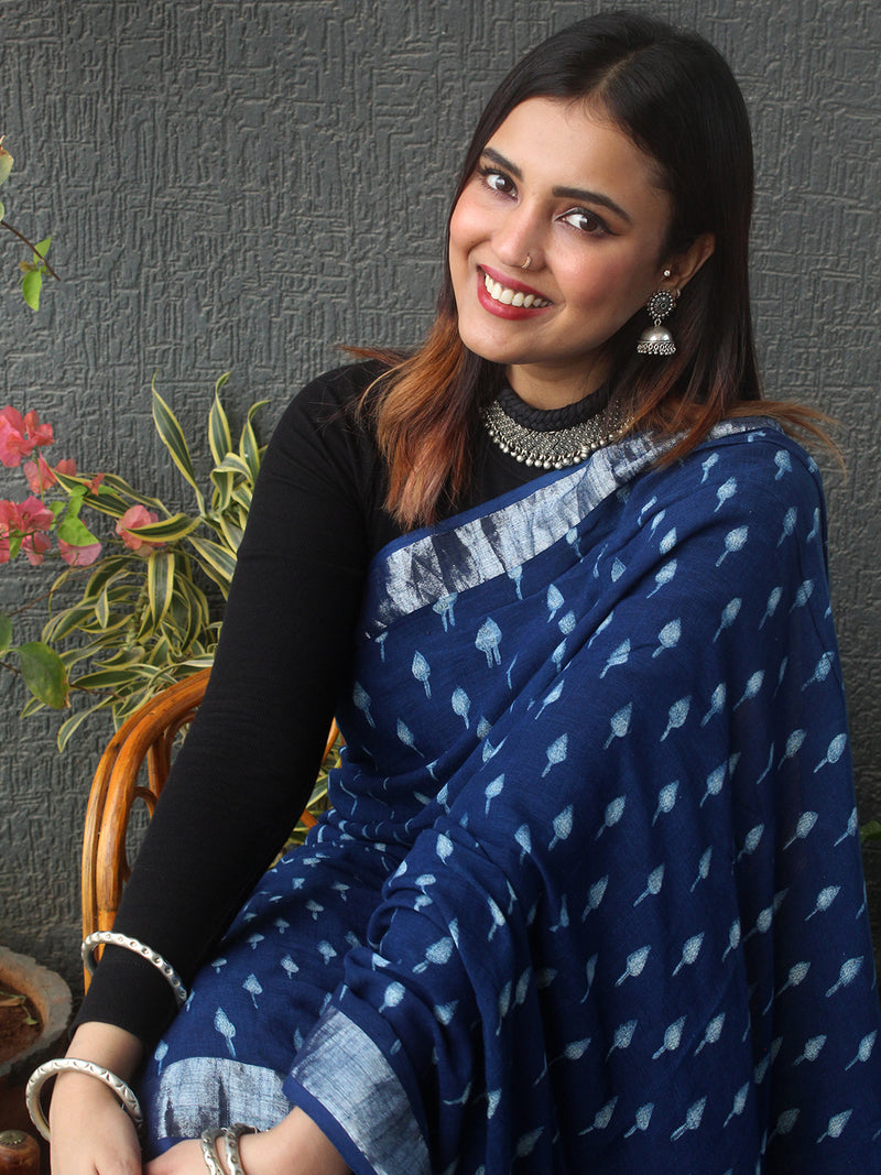 Akola Indigo Hand Block Printed Cotton Linen Saree