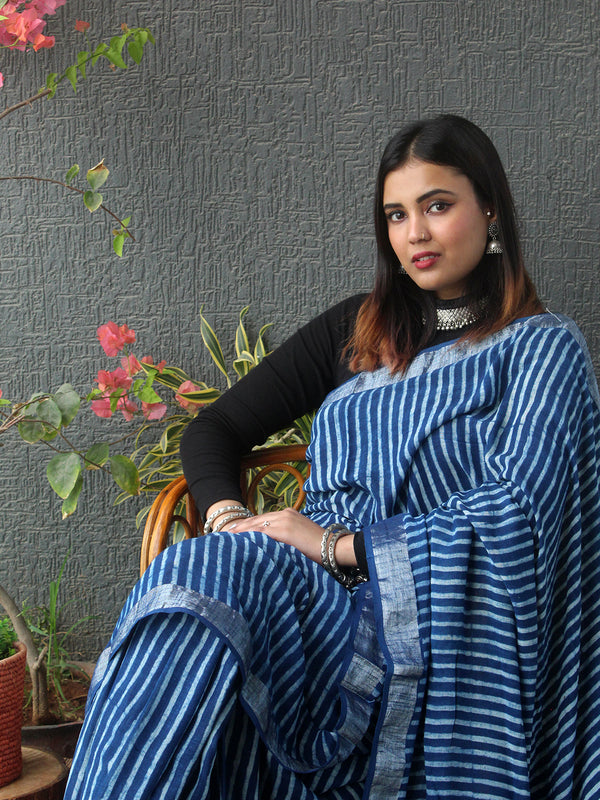 Akola Indigo Hand Block Printed Cotton Linen Saree