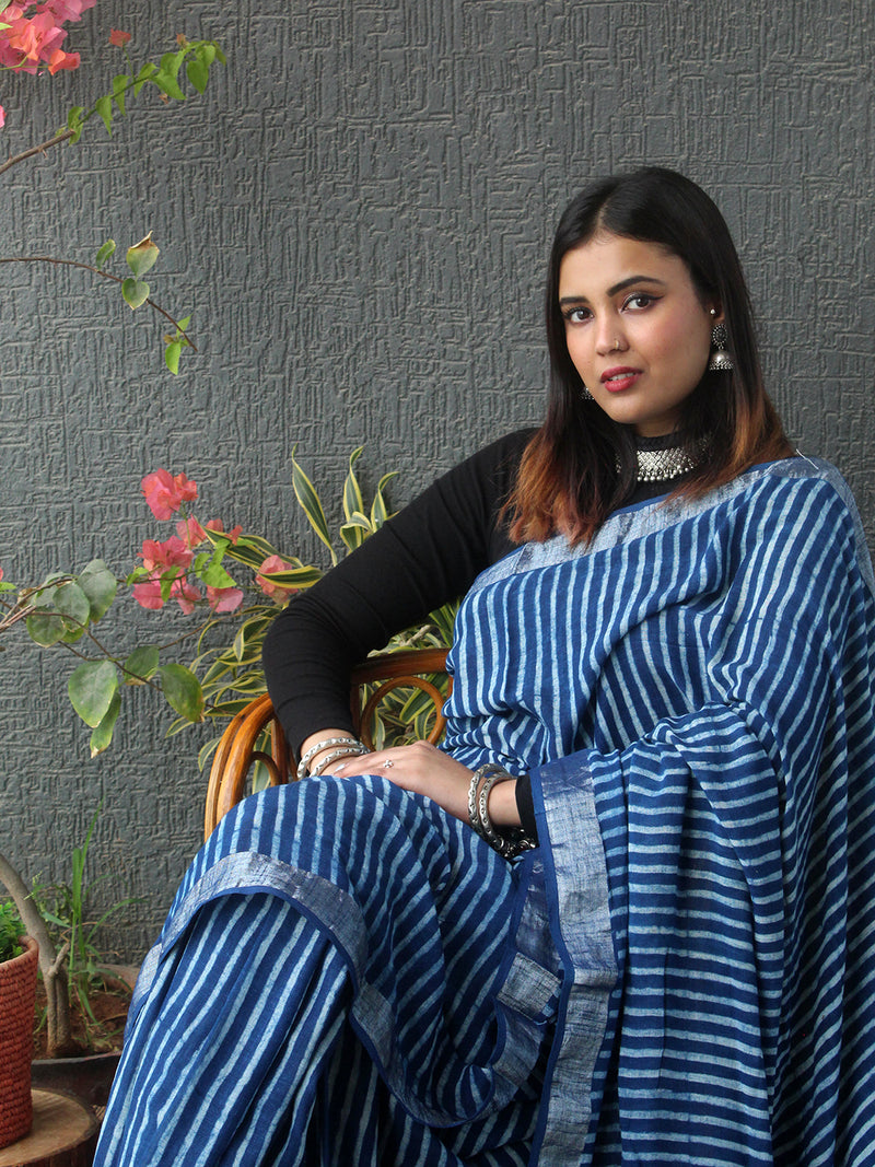 Akola Indigo Hand Block Printed Cotton Linen Saree