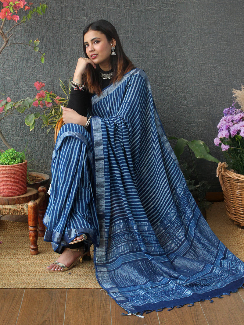 Akola Indigo Hand Block Printed Cotton Linen Saree