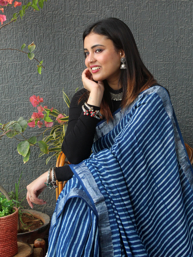 Akola Indigo Hand Block Printed Cotton Linen Saree