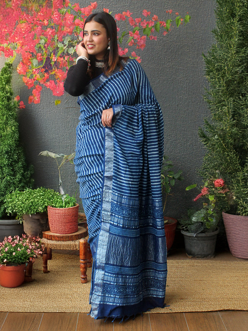 Akola Indigo Hand Block Printed Cotton Linen Saree