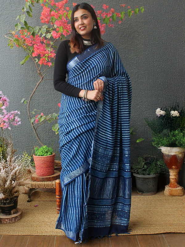 Akola Indigo Hand Block Printed Cotton Linen Saree