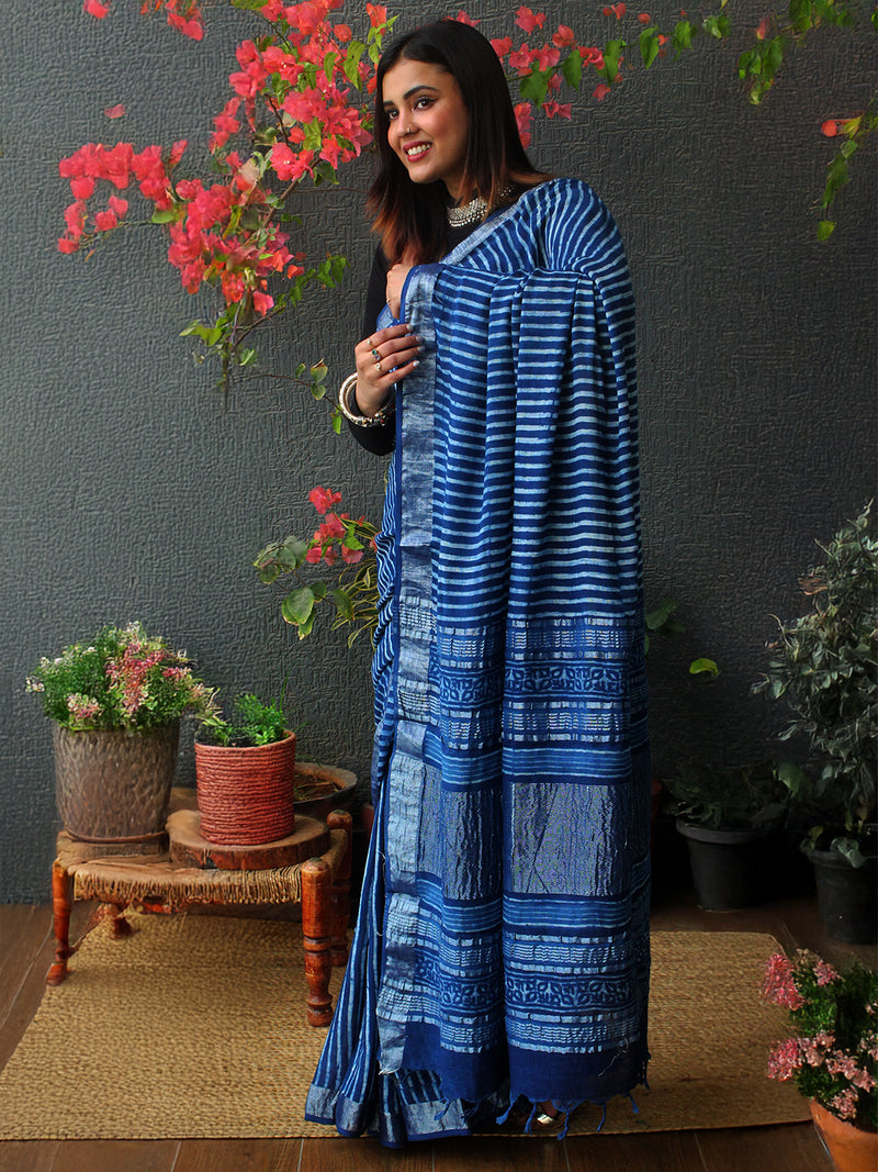 Akola Indigo Hand Block Printed Cotton Linen Saree