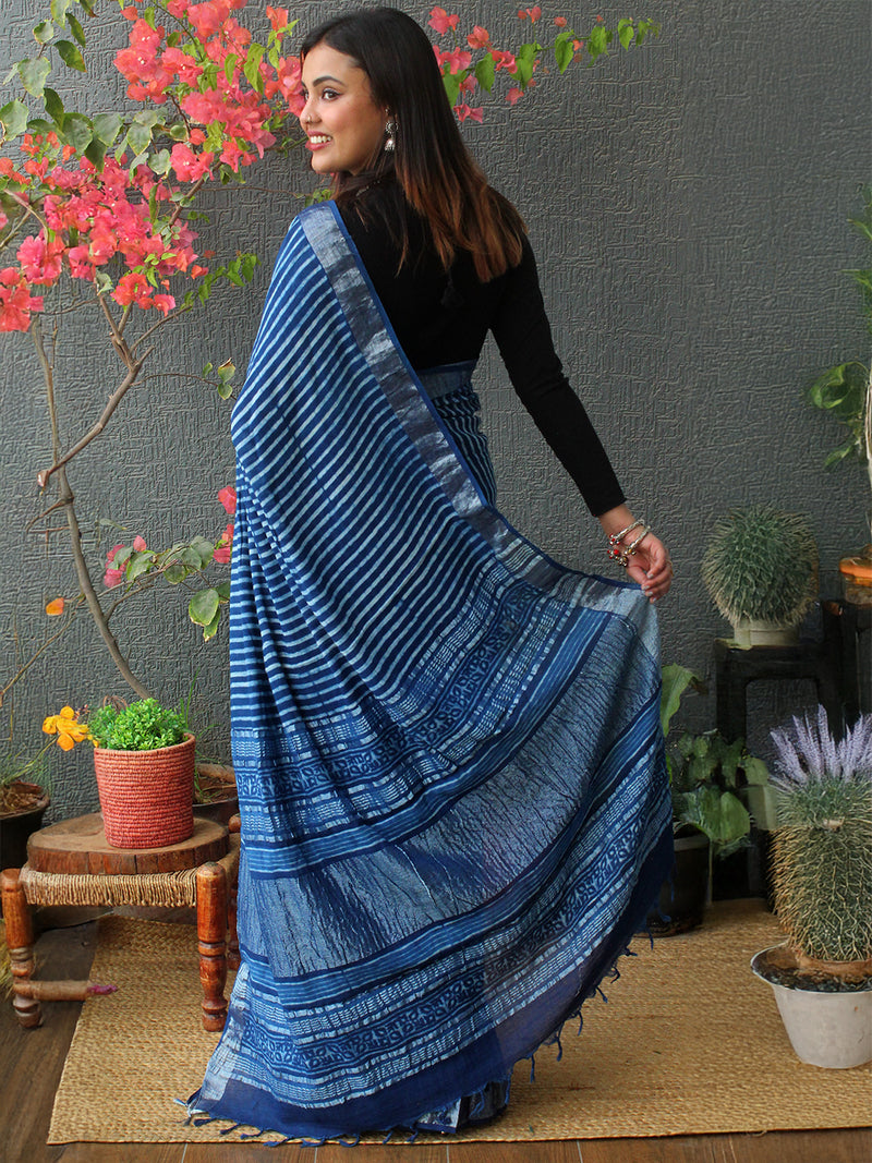 Akola Indigo Hand Block Printed Cotton Linen Saree