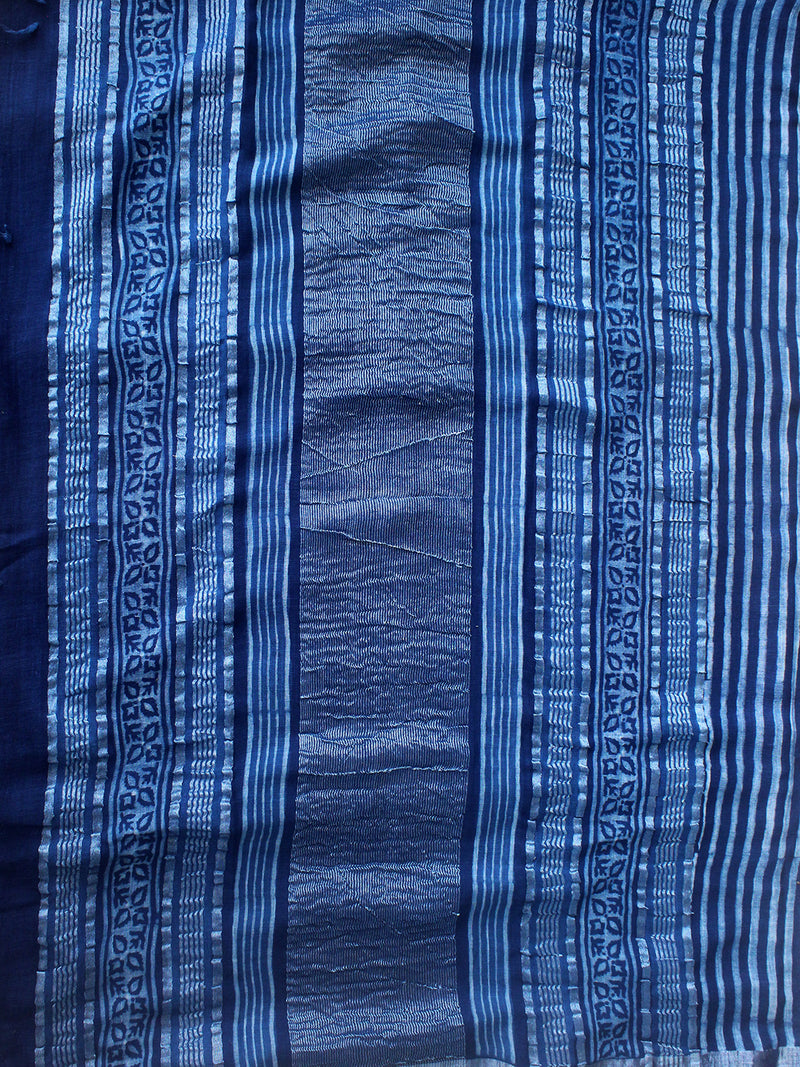 Akola Indigo Hand Block Printed Cotton Linen Saree