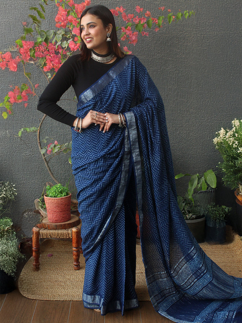 Akola Indigo Hand Block Printed Cotton Linen Saree