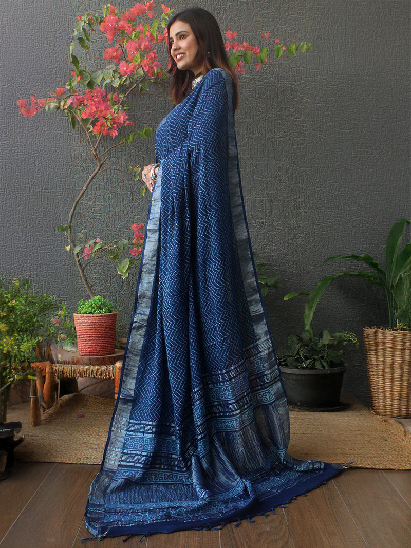 Akola Indigo Hand Block Printed Cotton Linen Saree