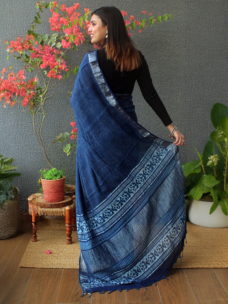 Akola Indigo Hand Block Printed Cotton Linen Saree