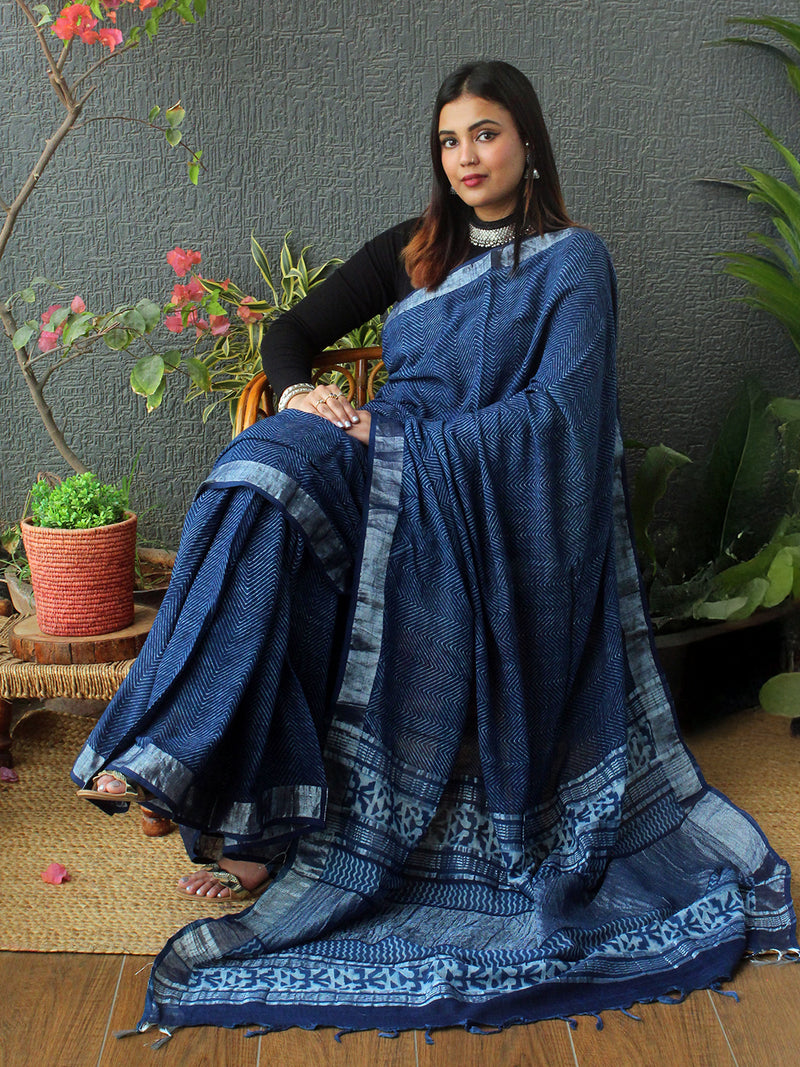 Akola Indigo Hand Block Printed Cotton Linen Saree