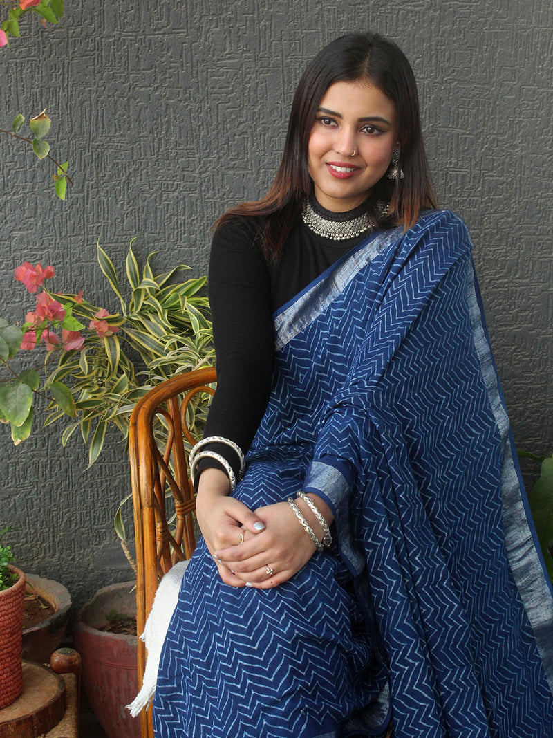 Akola Indigo Hand Block Printed Cotton Linen Saree