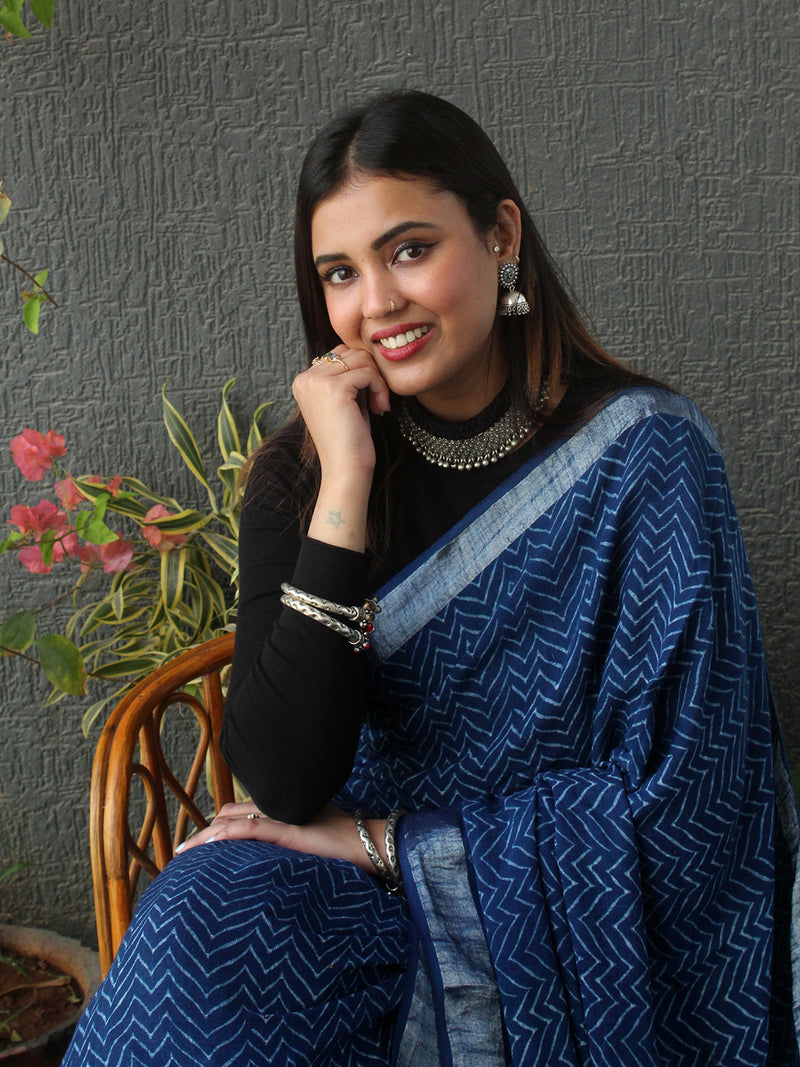 Akola Indigo Hand Block Printed Cotton Linen Saree