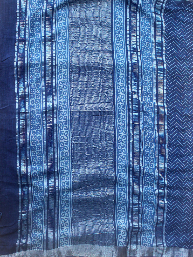 Akola Indigo Hand Block Printed Cotton Linen Saree