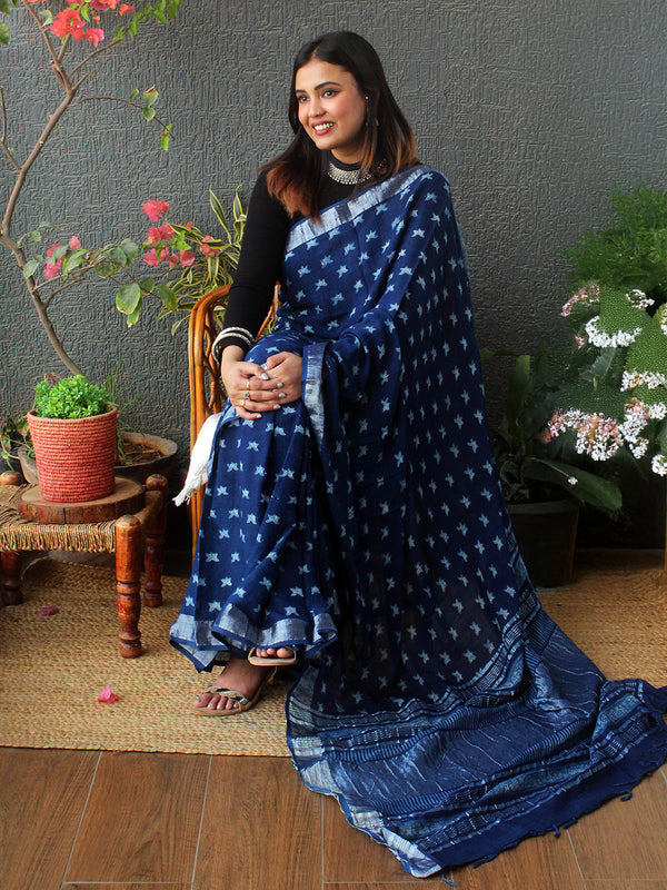 Akola Indigo Hand Block Printed Cotton Linen Saree