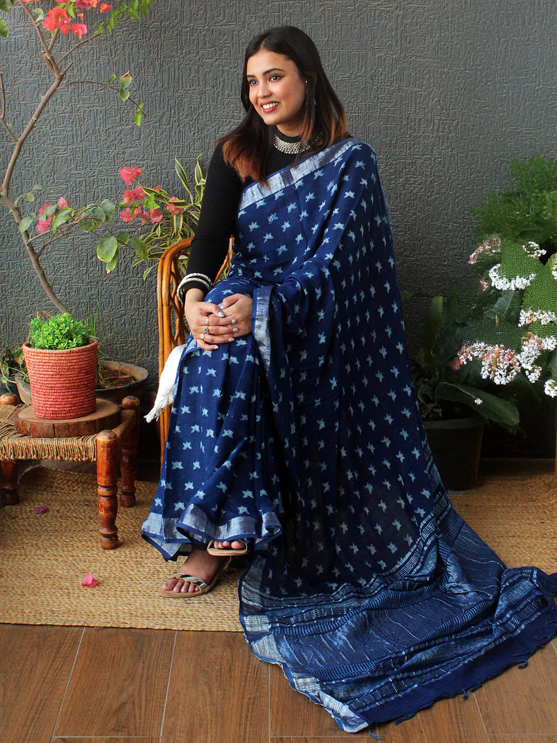 Akola Indigo Hand Block Printed Cotton Linen Saree
