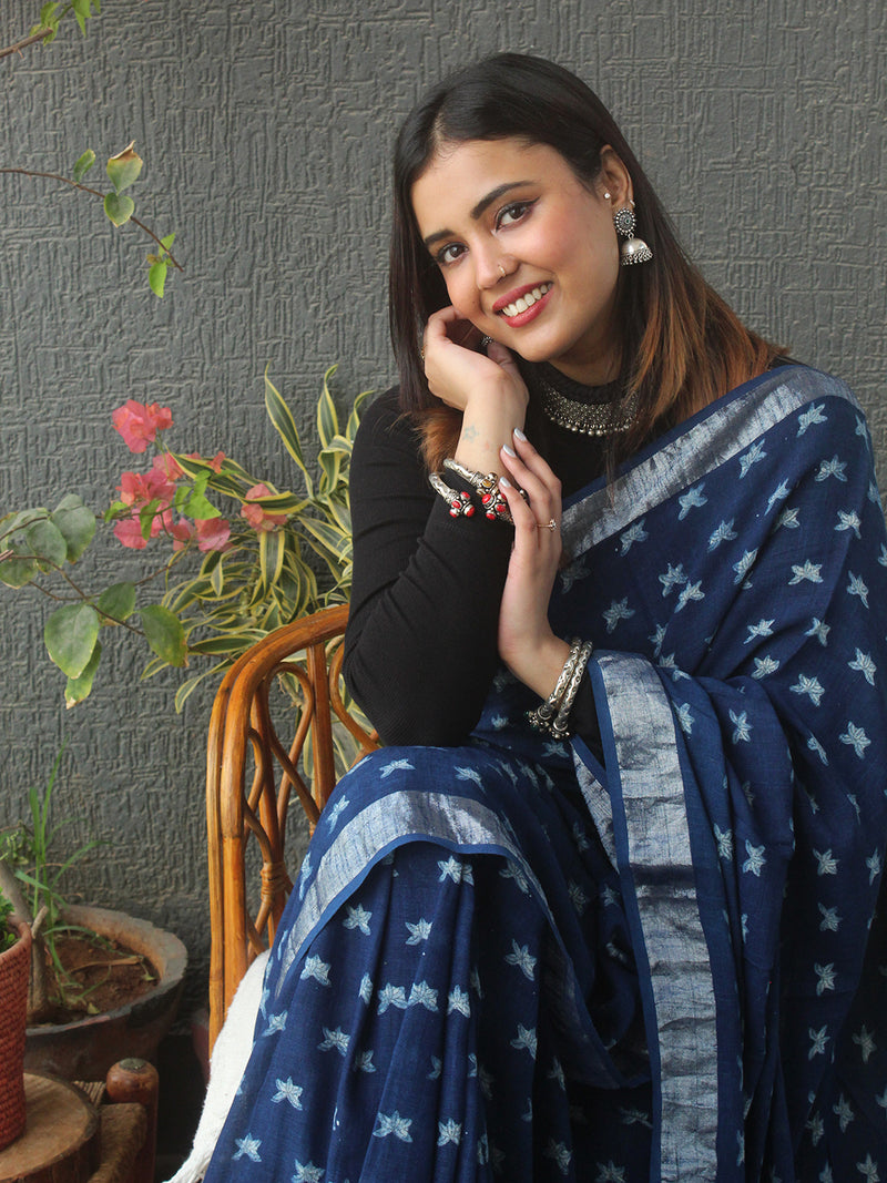 Akola Indigo Hand Block Printed Cotton Linen Saree