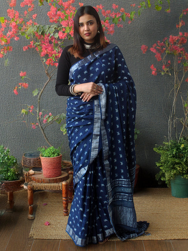 Akola Indigo Hand Block Printed Cotton Linen Saree