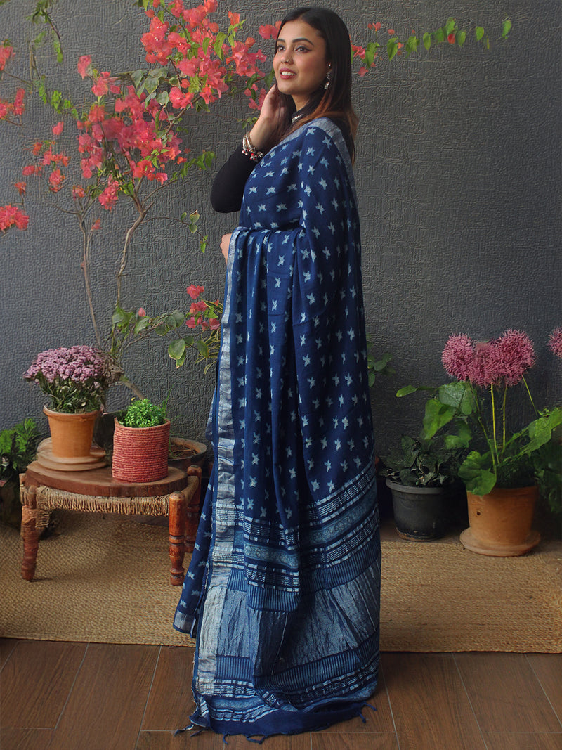 Akola Indigo Hand Block Printed Cotton Linen Saree