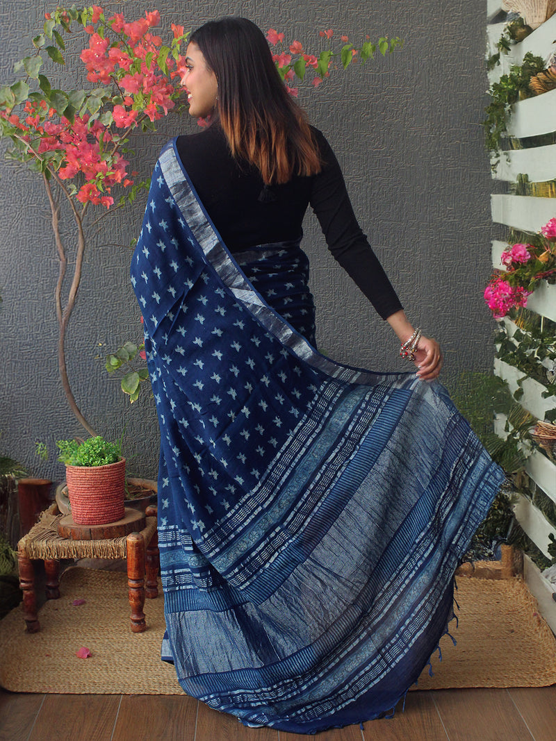 Akola Indigo Hand Block Printed Cotton Linen Saree