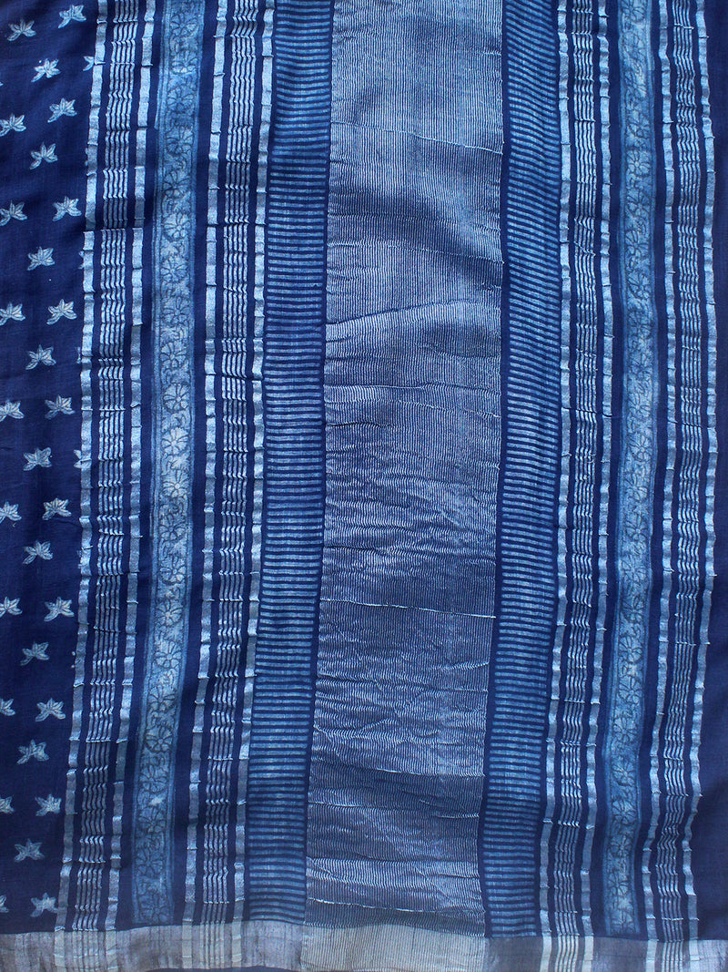 Akola Indigo Hand Block Printed Cotton Linen Saree