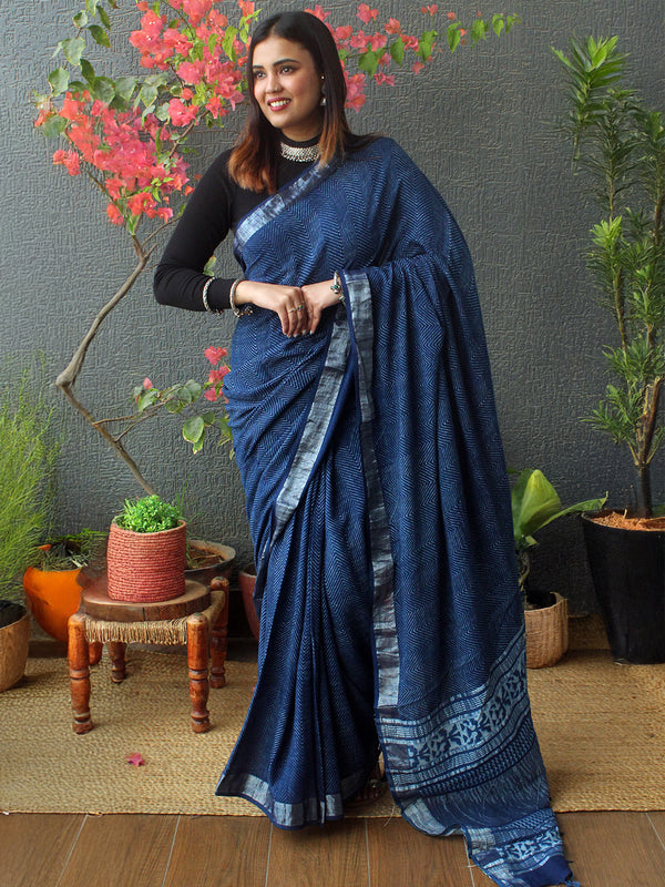 Akola Indigo Hand Block Printed Cotton Linen Saree