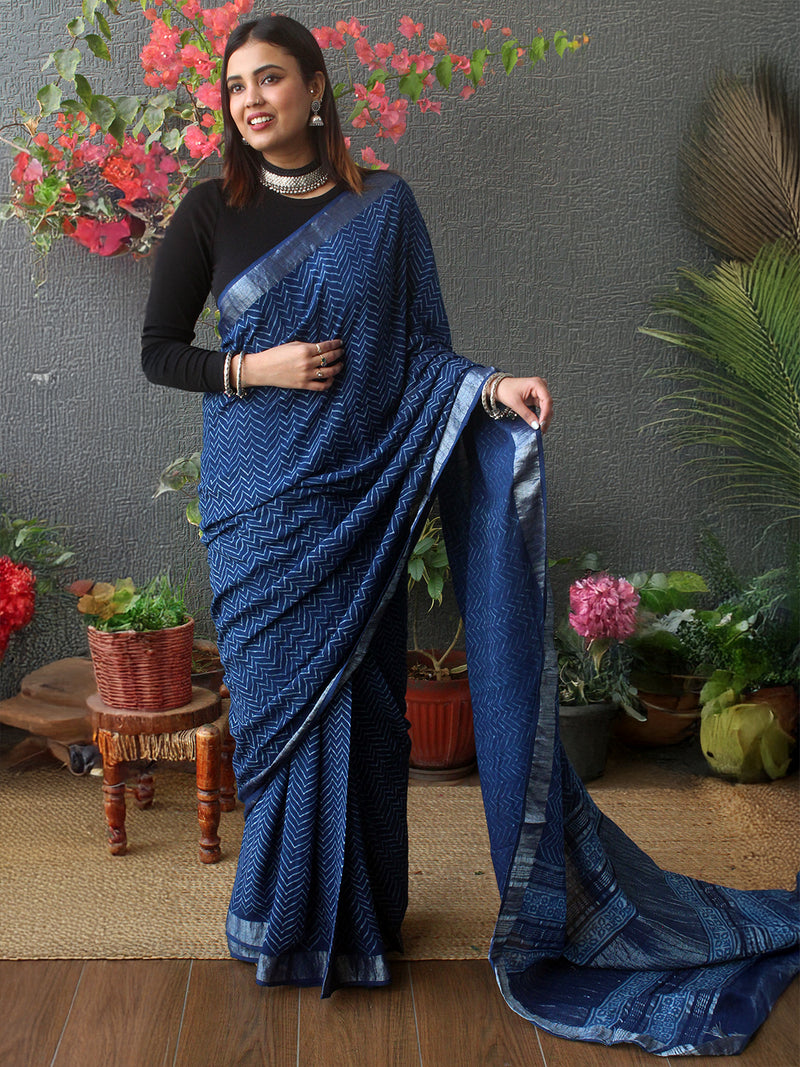 Akola Indigo Hand Block Printed Cotton Linen Saree