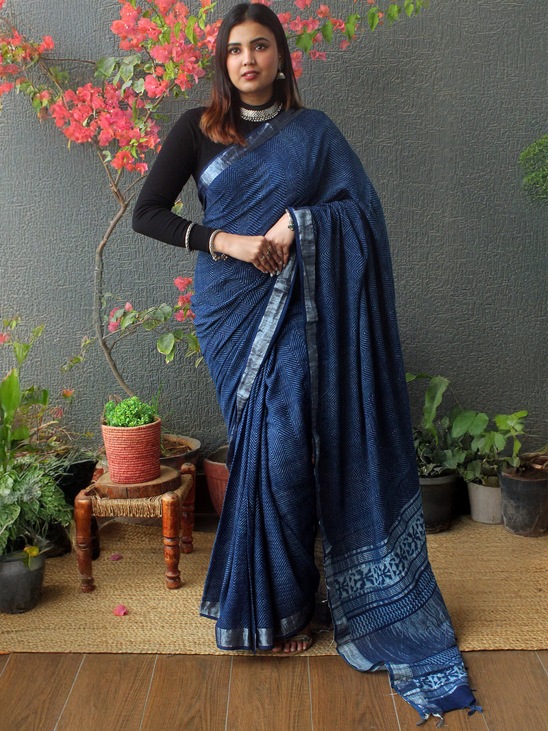 Akola Indigo Hand Block Printed Cotton Linen Saree