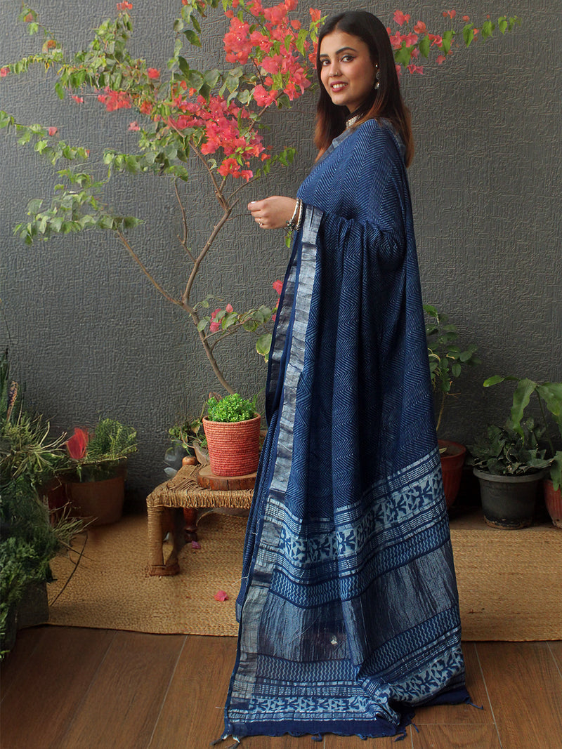 Akola Indigo Hand Block Printed Cotton Linen Saree