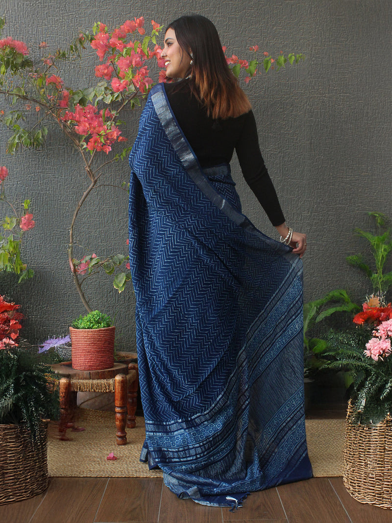 Akola Indigo Hand Block Printed Cotton Linen Saree